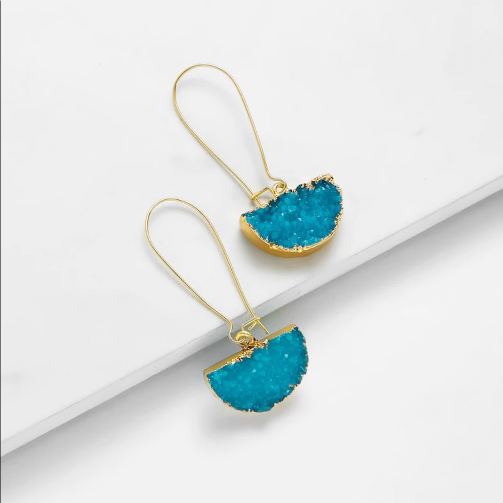 LAST SET Gold Edge Aqua Blue Raw Gemstone Earrings - Picture 2 of 4